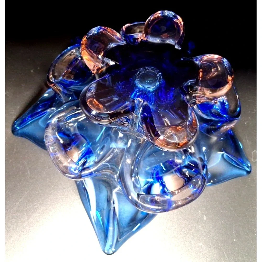 Vintage Murano Sommerso Art Glass Candle Holder, Blue, Clear with Pink Tint